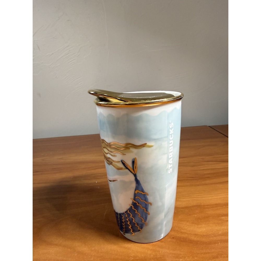 Starbucks 2014 Tumbler Mermaid Ceramic 12oz Travel Dot Collection Gold Lid - Picture 3 of 6